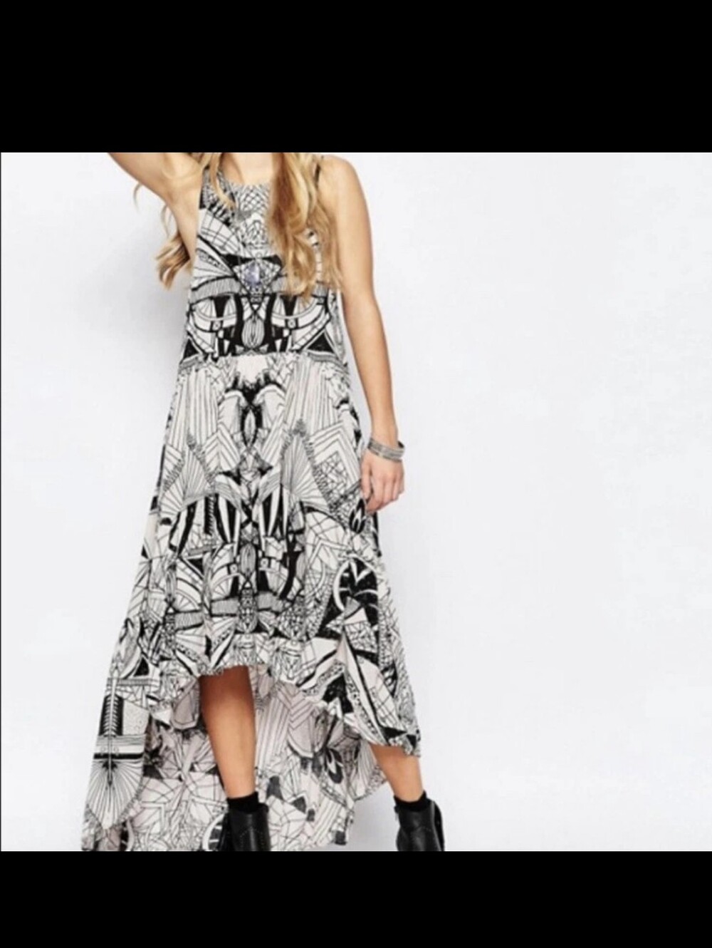 Free People Sleeveless Black & White Printed High-Low Maxi Dress Size M